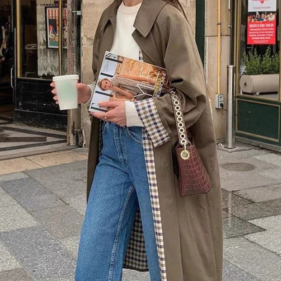 ELIZA & MAREN | CHECK-LINED OVERSIZED TRENCH COAT FOR WOMEN