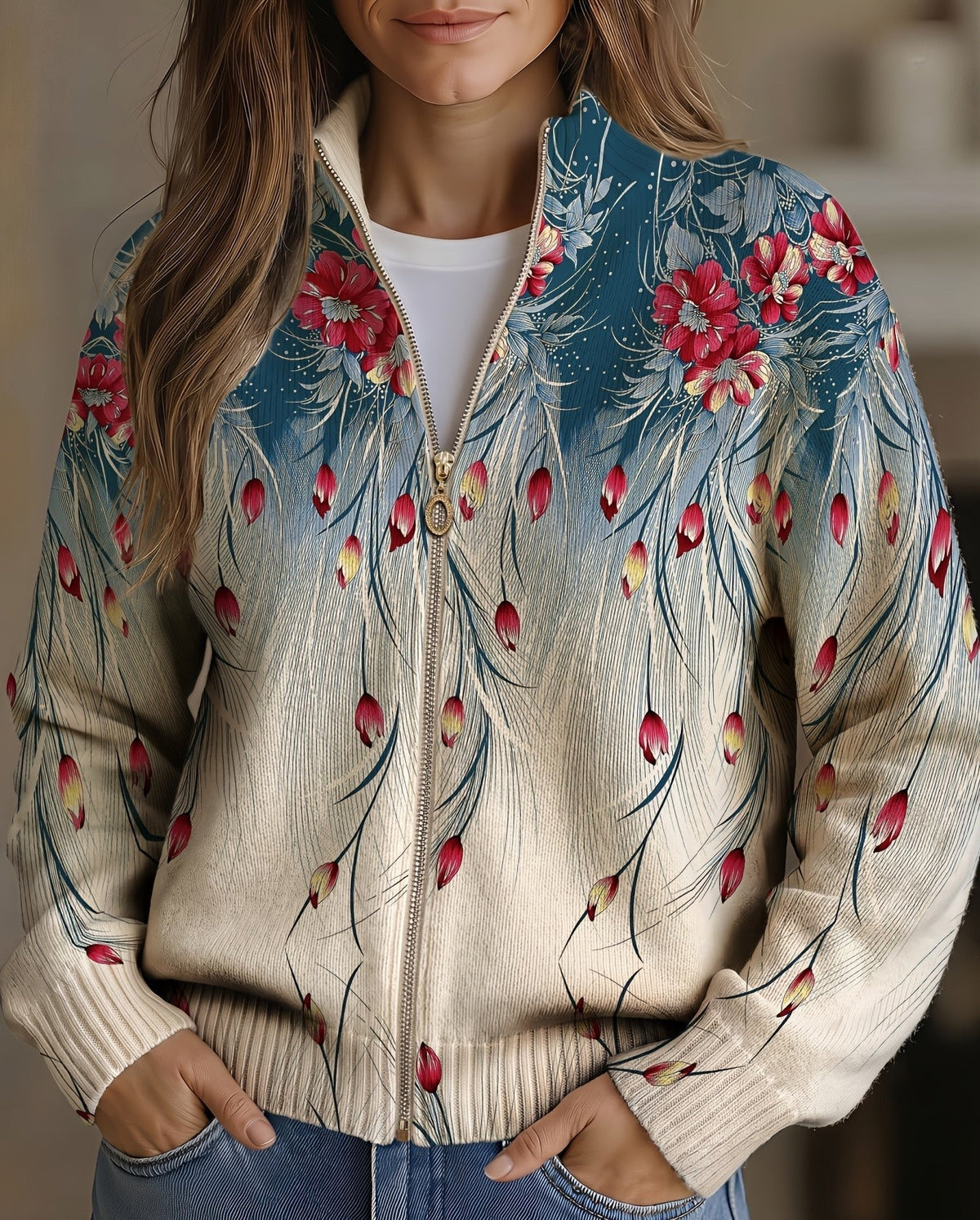 ELIZA & MAREN | GRADIENT FLORAL ZIP CARDIGAN FOR WOMEN